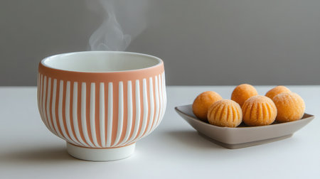 A cozy food scene featuring a steaming bowl beside a plate of sweet treats, creating a warm and inviting atmosphere for relaxation and enjoyment.の素材