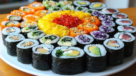 A stunning sushi platter featuring an array of vibrant rolls, showcasing a variety of fresh ingredients and artistic presentation, perfect for gatherings.の素材
