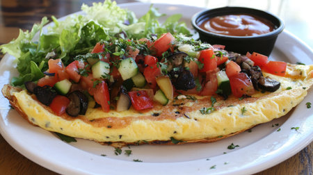 A vibrant veggie omelette served with a fresh salad and salsa, perfect for a nutritious breakfast or brunch. Ideal for food enthusiasts and bloggers.の素材