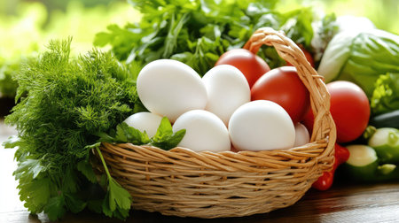 A cozy arrangement featuring fresh vegetables and eggs in a woven basket. Ideal for cooking and healthy meal preparation with vibrant colors.の素材