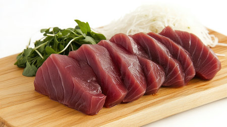 Freshly sliced tuna on a wooden cutting board, showcasing vibrant red color and perfect texture, ideal for sushi or sashimi dishes in culinary presentations.の素材