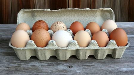 A collection of fresh farm eggs in an open carton placed on a wooden table. The eggs showcase various colors and textures, perfect for food photography.の素材