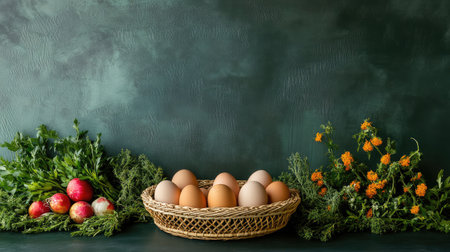A charming arrangement featuring fresh eggs in a basket surrounded by vibrant vegetables and flowers. Perfect for promoting healthy eating and culinary delights.の素材