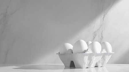 A serene composition featuring white eggs in a carton set against a smooth marble background. Ideal for culinary, health, and minimalist themes in photography.の素材