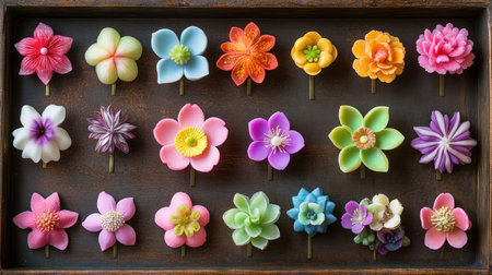 Explore a stunning array of colorful handcrafted flower decorations perfect for cake designs. Ideal for adding charm and elegance to your desserts.の素材
