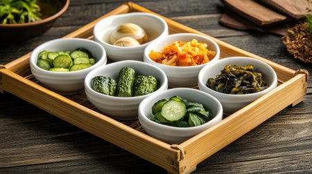 A beautifully arranged selection of fresh Korean side dishes in bowls on a wooden tray. Perfect for a healthy meal or appetizer spread.の素材