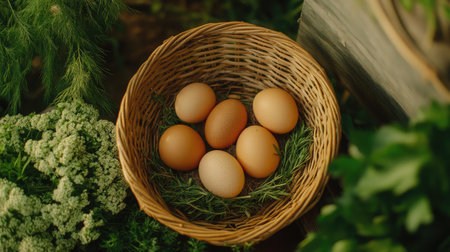A rustic basket filled with fresh eggs surrounded by lush greens. Perfect for showcasing organic produce and natural beauty in a countryside setting.の素材