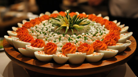 A vibrant platter featuring beautifully decorated eggs and vegetables, perfect for events and celebrations. Ideal for showcasing culinary artistry.の素材