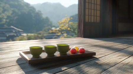 A serene arrangement of traditional tea cups and colorful sweets on a wooden table in a picturesque outdoor setting, showcasing Japanese culture and tranquility.の素材