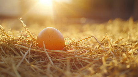 A serene image of a fresh egg resting in straw, illuminated by the warm golden light of sunrise. Perfect for themes of nature, agriculture, and tranquility.の素材