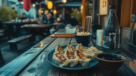 Indulge in a plate of freshly made gyoza served in a cozy restaurant, capturing the essence of Asian dining culture and delightful flavors.の素材