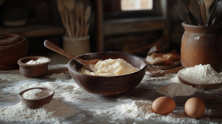 A cozy kitchen setting featuring eggs and flour in rustic bowls. Perfect for cooking and baking themes, emphasizing simplicity and home preparation.の素材
