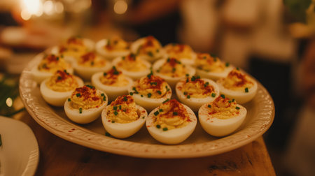 A beautiful serving of deviled eggs garnished with paprika and herbs, perfect for any gathering or celebration, showcasing delicious flavors and presentation.の素材