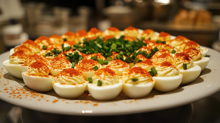 A beautiful platter of deviled eggs topped with green onions and paprika, perfect for any gathering or celebration. A delicious appetizer idea.の素材