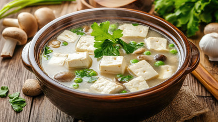 This vibrant tofu soup features fresh vegetables and herbs, offering a healthy and delicious option for any meal. Perfect for comfort and nourishment.の素材