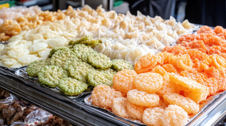 A vibrant display of various Asian rice snacks, showcasing an array of colors and textures. Ideal for food lovers and markets highlighting unique treats.の素材