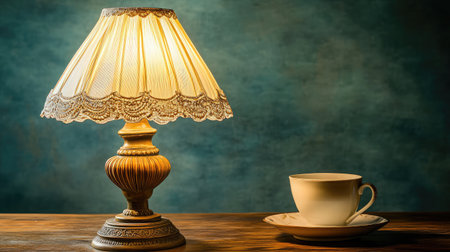 A stunning lamp casts a warm glow beside a delicate cup on a rustic wooden table, creating an inviting and tranquil atmosphere perfect for relaxation.の素材