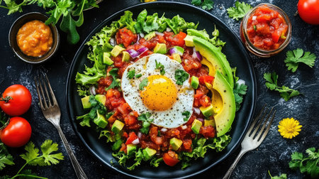 A vibrant breakfast bowl featuring a sunny-side-up egg on a bed of fresh greens, avocado, and tomatoes. Perfect for a healthy start to your day!の素材