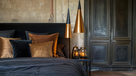 A sophisticated bedroom featuring modern decor with warm tones and elegant lighting. The stylish textiles create a cozy atmosphere, perfect for relaxation.の素材