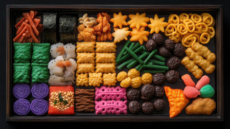 A vibrant display of assorted snacks and treats arranged beautifully on a dark background. Ideal for culinary showcases, food festivals, or festive occasions.の素材