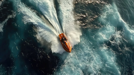 A thrilling aerial view of a vibrant brown boat speeding across captivating blue ocean waves, capturing the essence of adventure and leisure on water.の素材