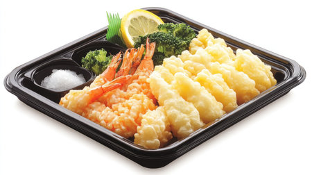 An enticing meal tray featuring crispy shrimp and tempura vegetables, complemented by fresh broccoli and a slice of lemon. Perfect for any occasion.の素材
