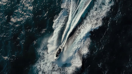 An aerial view of a boat speeding across the ocean, leaving vibrant white waves in its wake. Captures the thrill of summer adventures on the water.の素材