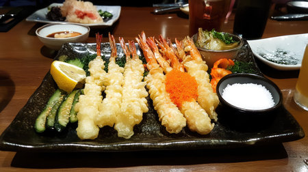 A beautifully arranged plate featuring crispy shrimp tempura, garnished with lemon and a variety of side condiments. Perfect for seafood lovers!の素材