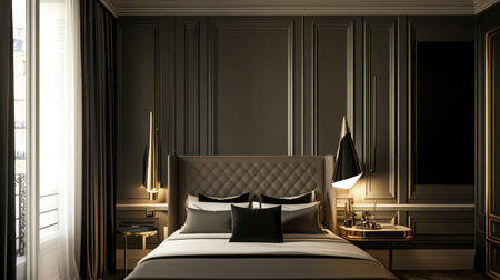 A sleek and elegant modern bedroom featuring a plush bed, stylish lamps, and rich wall textures. Ideal for showcasing luxury interior decor and design.の素材