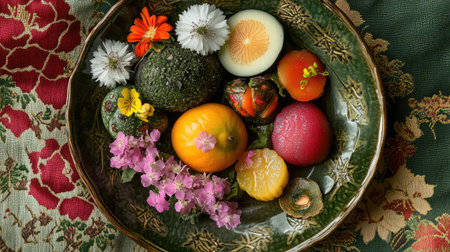 A vibrant display of assorted fruits and edible flowers arranged on a decorative plate, showcasing a beautiful combination of colors and textures.の素材
