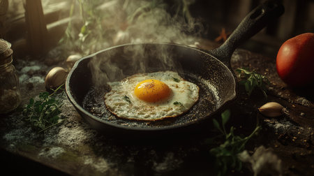 A perfectly fried egg in a cast iron skillet, surrounded by garlic, onion, and fresh herbs. This rustic kitchen scene evokes warmth and comfort.の素材