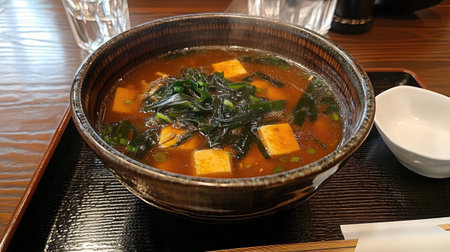 A steaming bowl of tofu and seaweed soup, showcasing fresh ingredients and rich flavors, perfect for a healthy meal or comforting beverage.の素材