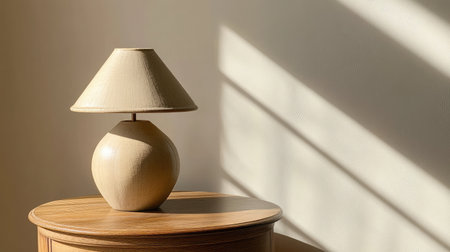 A minimalist lamp in a soothing beige tone rests atop a wooden table, casting soft shadows that create a warm and inviting atmosphere in a contemporary interior.の素材