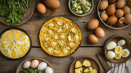 A beautiful arrangement of vibrant egg dishes on a rustic wooden table, showcasing various egg preparations and fresh ingredients perfect for any meal.の素材
