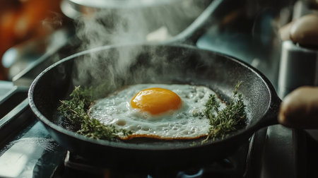 A perfectly cooked egg sits in a sizzling cast iron pan, surrounded by fresh herbs. The steam rises, creating an inviting atmosphere perfect for breakfast or brunch.の素材