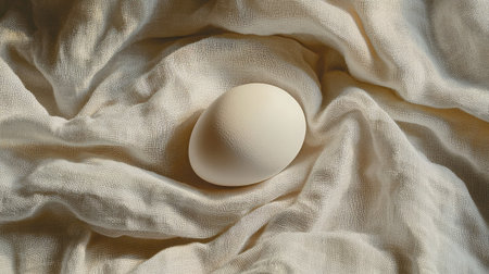 This minimalist image features a delicate egg resting on softly draped fabric, creating a serene atmosphere perfect for culinary or lifestyle themes.の素材