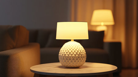 A cozy living room scene featuring a stylish table lamp with a warm glow, creating an inviting atmosphere perfect for relaxation and comfort at home.の素材