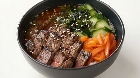 A vibrant bowl featuring tender beef, fresh vegetables, and rice, garnished with sesame seeds. Perfect for a healthy, satisfying meal.の素材