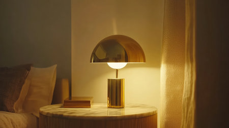 A modern table lamp casts a warm glow in a cozy bedroom, enhancing the tranquil atmosphere. Ideal for home decor and interior design inspiration.の素材
