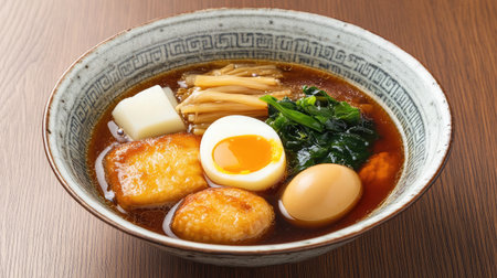 A vibrant bowl of Japanese ramen featuring rich broth, soft-boiled egg, and assorted toppings like tofu and vegetables, perfect for any meal.の素材