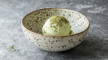 Enjoy a scoop of creamy green tea ice cream served in a rustic bowl. This refreshing dessert offers a unique flavor and beautiful presentation. Perfect for warm days!の素材