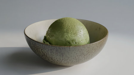 A visually appealing matcha ice cream served in a minimalist ceramic bowl. This dessert captures the essence of refreshing indulgence and flavorful elegance, perfect for food lovers.の素材