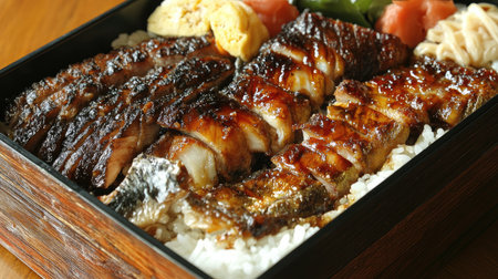 A beautifully arranged bento box featuring grilled fish served over rice, garnished with fresh ingredients, showcasing vibrant colors and flavors.の素材