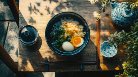 A beautifully arranged bowl of Japanese cuisine featuring soft-boiled eggs and fresh greens. Set on a wooden table, this image captures a serene dining experience.の素材