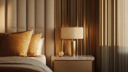 A stylish bedroom featuring warm lighting, elegant decor, and a cozy atmosphere. The golden tones and textures create a serene and inviting space perfect for relaxation.の素材