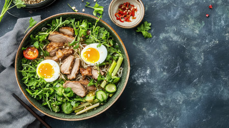 A vibrant bowl of noodle soup featuring fresh herbs, vegetables, and savory toppings. Perfect for culinary enthusiasts seeking healthy meal ideas.の素材
