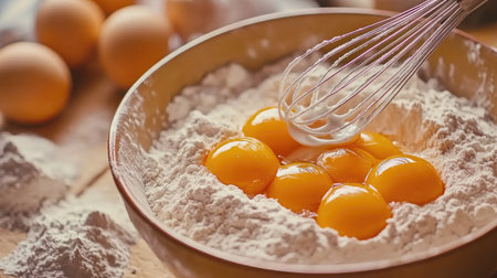 A close-up view of fresh egg yolks nestled in flour, ideal for baking. Captures the essence of cooking at home with simple, natural ingredients.の素材