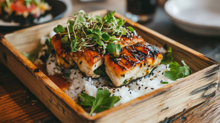 A beautifully presented dish featuring grilled fish served over rice, garnished with fresh herbs, perfect for food lovers and culinary enthusiasts.の素材