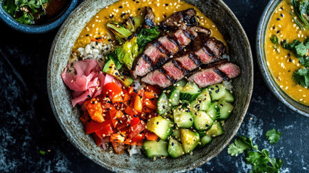 A vibrant bowl featuring grilled beef slices atop rice, accompanied by fresh vegetables and garnished with sesame seeds. Ideal for food lovers seeking wholesome meals.の素材