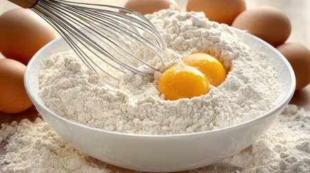 A close-up shot of eggs and flour in a bowl, with a whisk mixing the ingredients together. Perfect for baking and culinary inspiration in any kitchen setting.の素材